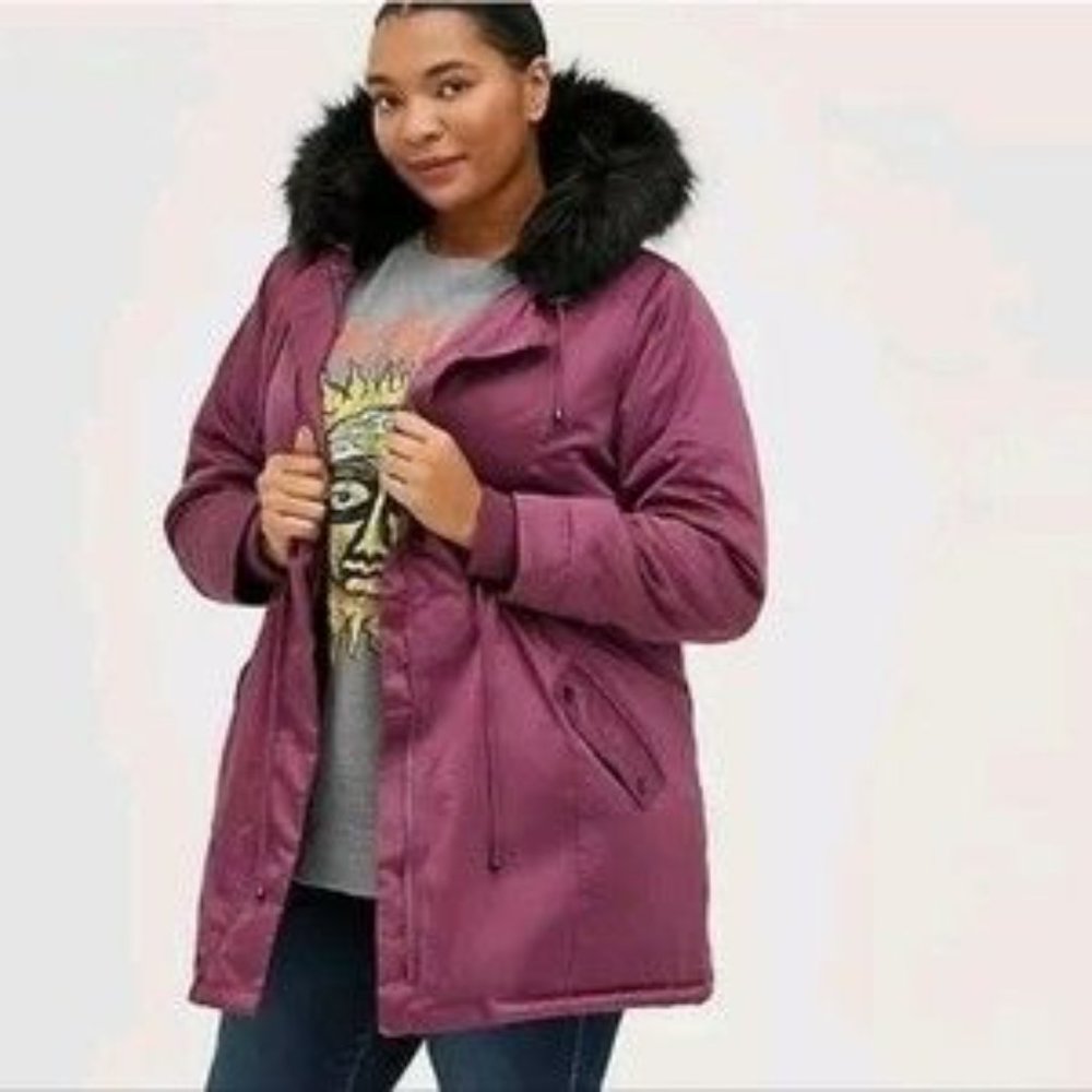 Torrid NWT 3x Purple Nylon Twill Fur Trim Parka